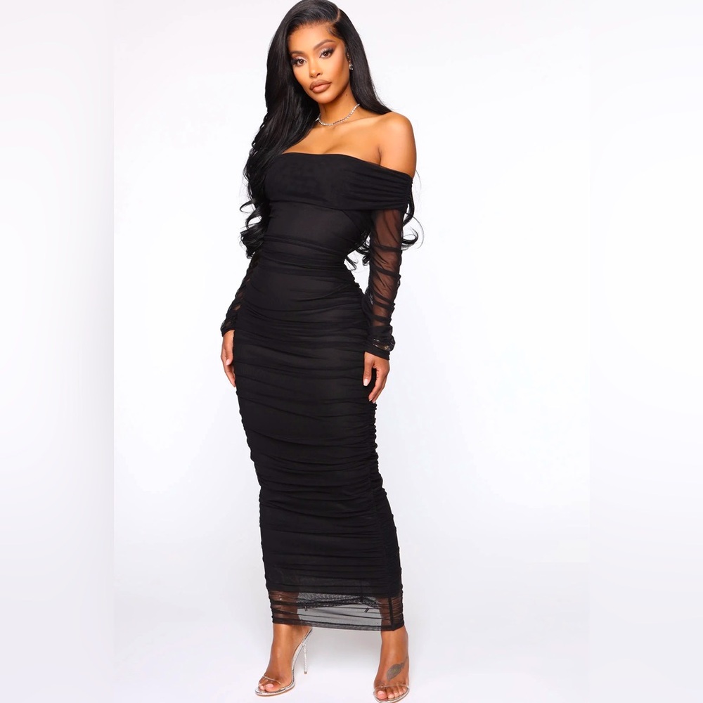FASHION NOVA Black Ruched Maxi Dress
